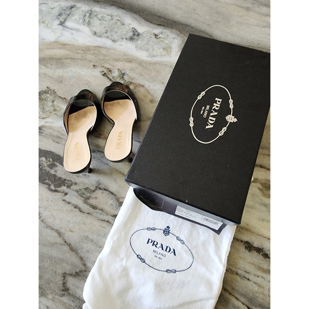 Vintage Prada Black Patent Leather Open Toe Kitten Heel Mules Sandals Size 36.5 - Picture 11 of 12